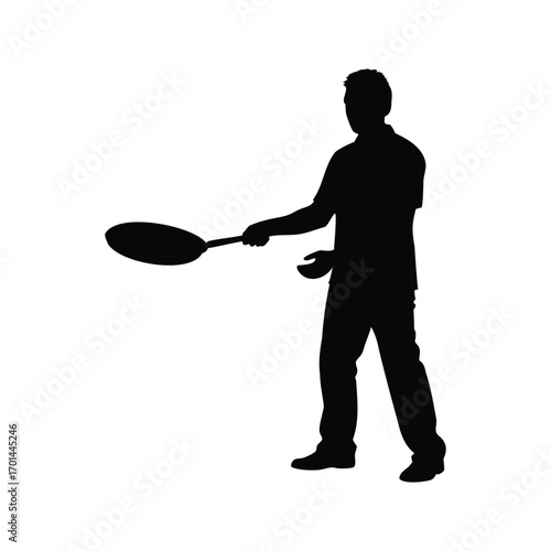 Silhouette of a man cooking with a frying pan, isolated on white, person holding frying pan silhouette vector illustration
