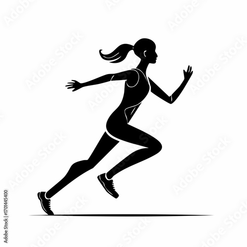 Dynamic Silhouette of a Female Athlete: A sleek, black silhouette captures a woman in full stride during a sprint, embodying power, grace, and determination in the world of sports and fitness.