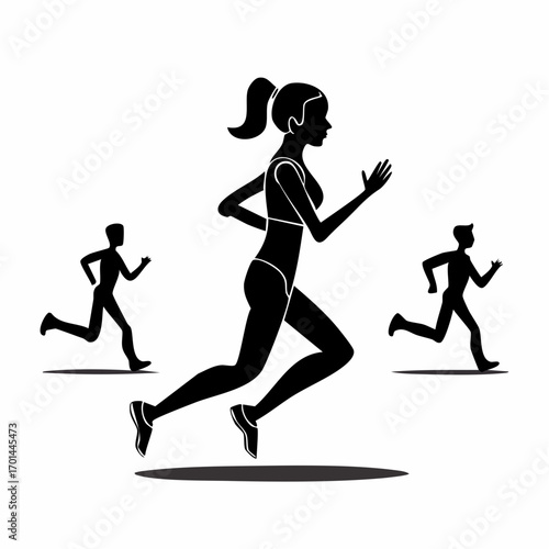 Dynamic Motion: Silhouetted athletes surge forward in a race, illustrating the powerful drive of human endurance in a minimalist illustration.