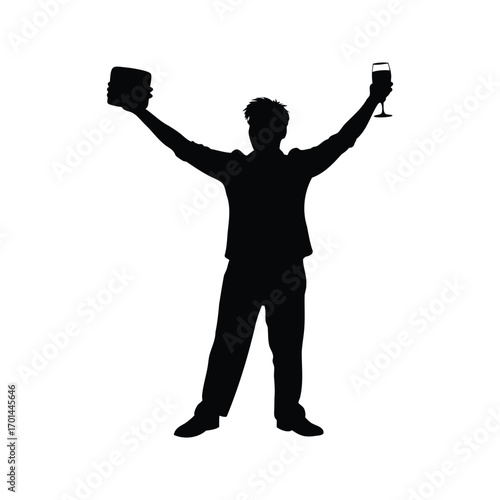 Silhouette of a man celebrating with a beer mug and a wine glass, person toasting bread silhouette vector illustration