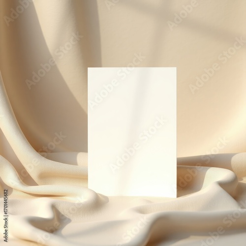 A blank white card resting on draped silk fabric with soft lighting creating shadows and highlights invitation card mockup