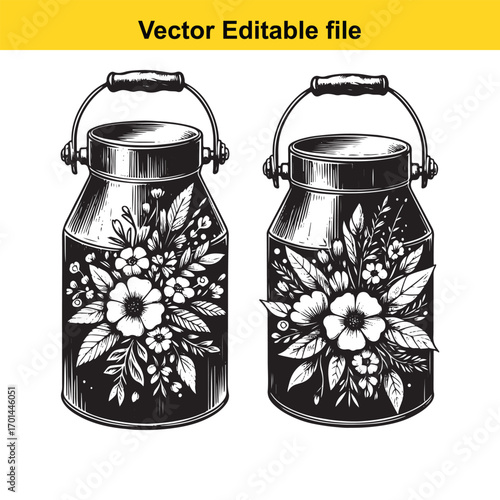 Two vintage milk cans with floral decorations, isolated on white background