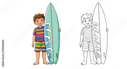 Child with a Surfboard Coloring Page Kids Fun Summer Beach and Ocean Sports