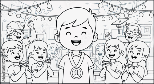 A triumphant young boy celebrates his victory with cheering friends and family, receiving a medal and applause