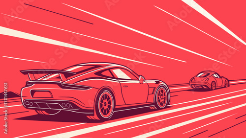 Red sports car racing speeding fast on the track automotive vector illustration art