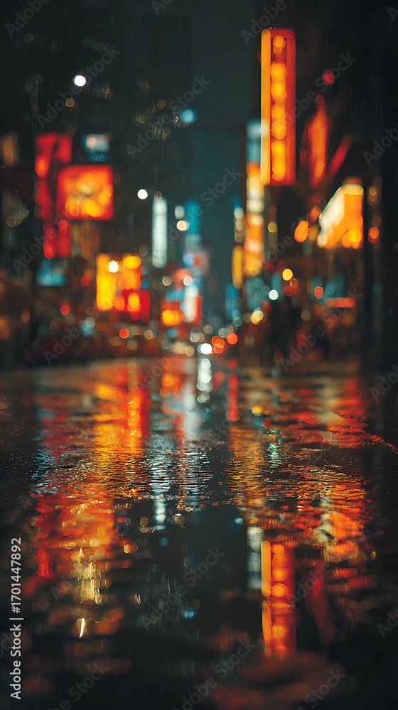 Naklejka premium Vibrant neon city lights reflect on wet asphalt street at night, creating a captivating, atmospheric urban scene.