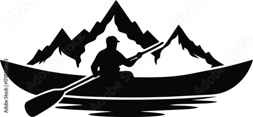 Man kayaking on mountain lake silhouette vector illustration