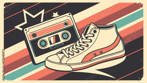 Retro music cassette tape and sneaker shoes vintage aesthetic design illustration