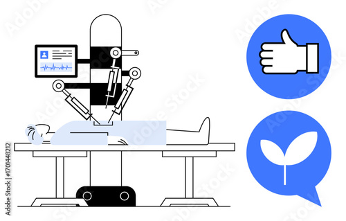 Robotic arm assists patient on operating table, medical monitor displays vitals. Thumbs-up and eco-conscious leaf icons emphasize approval and sustainability. Ideal for healthcare, innovation