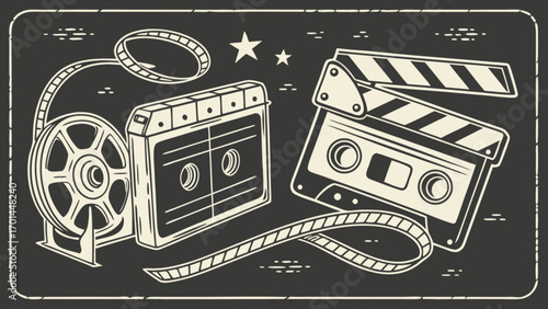 Vintage movie production equipment film reel cassette and clapperboard vector illustration