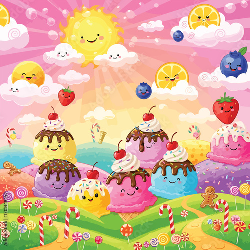 Adorable and colorful illustration of a sweet candy land with smiling ice cream characters., patern seamless, Stock royalty free.