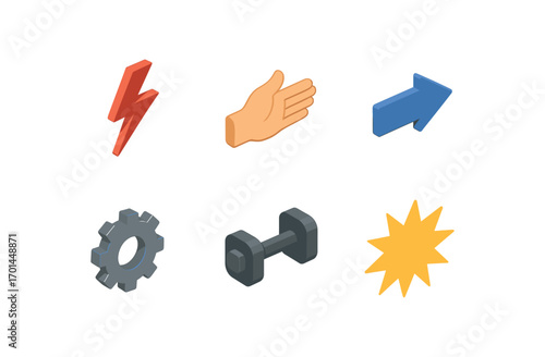 isometric icon items isolated on white background force push hand arrow thrust gear cog strong bar burst