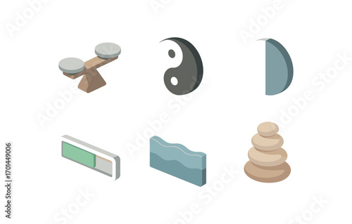 isometric icon items isolated on white background balanced state yin yang circle halves level bar water line stone stack