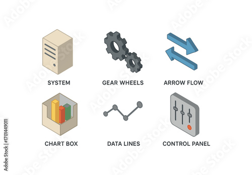 isometric icon items isolated on white background system gear wheels arrow flow chart box data lines control panel