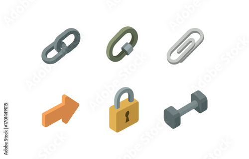 isometric icon items isolated on white background chain fastener loop paperclip icon connecting arrow lock bond bar
