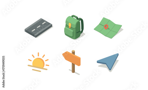isometric icon items isolated on white background journey road line backpack icon map sheet sun rise travel arrow