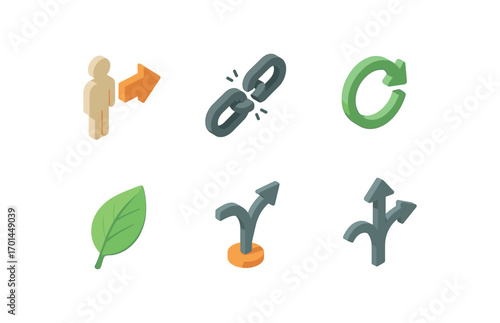 isometric icon items isolated on white background life change broken chain recycle curved arrow fresh leaf shift path