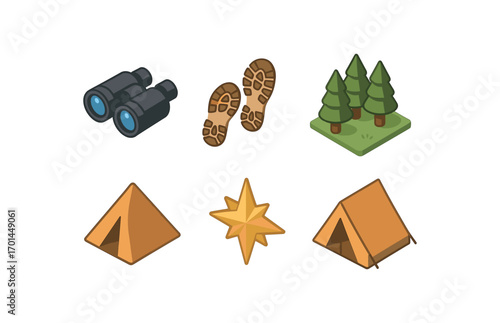 isometric icon items isolated on white background field exploration binoculars boot prints forest edge tent icon guiding