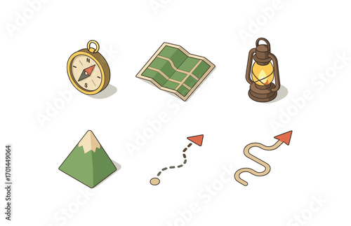 isometric icon items isolated on white background exploration compass dial map grid lantern light mountain peak arrow path