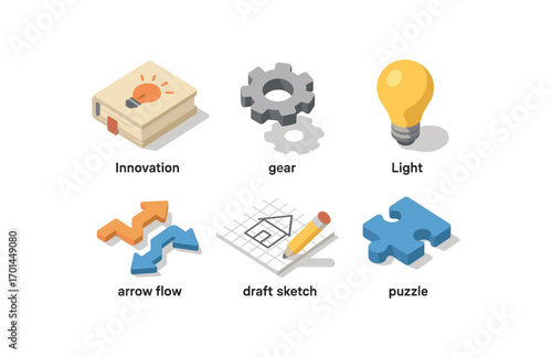 isometric icon items isolated on white background innovation gear cog light bulb arrow flow draft sketch puzzle