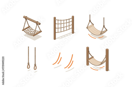 isometric icon items isolated on white background swing mesh bed rope net fabric straps hanging cords sway lines tree posts