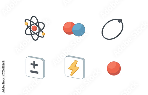 isometric icon items isolated on white background atomic model proton neutron ball orbit arrow charge icon nucleus point