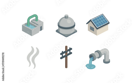 isometric icon items isolated on white background seawater vapor plant dome tank solar roof rising steam energy line pipe flow