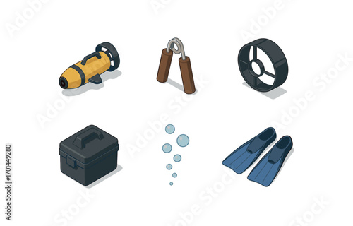 isometric icon items isolated on white background diving scooter hand grips propeller guard battery case bubble trail swim fins
