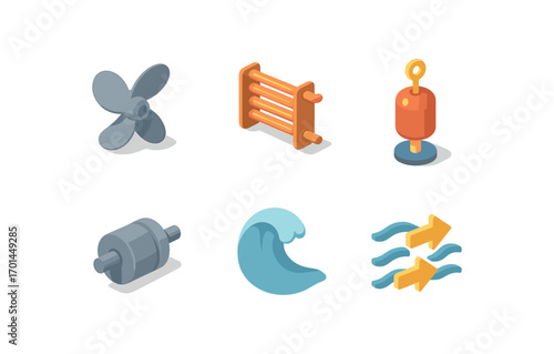 isometric icon items isolated on white background ocean screw rotor coil fins buoy mount spin shaft water crest power flow