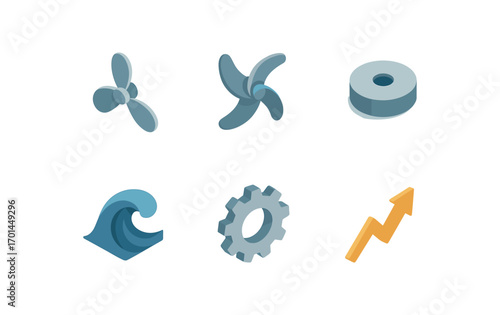 isometric icon items isolated on white background wave screw rotor spiral blade central hub sea swell gear icon energy arrow