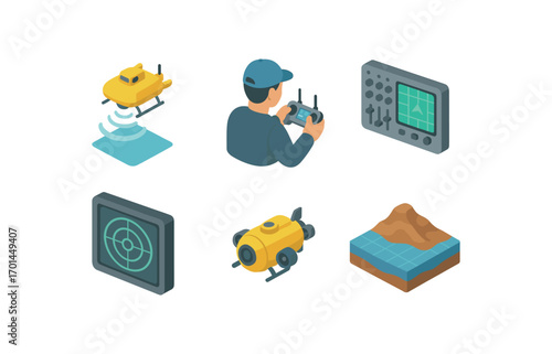 isometric icon items isolated on white background bathymetric scan drone pilot control panel sonar screen dive drone map grid ocean floor