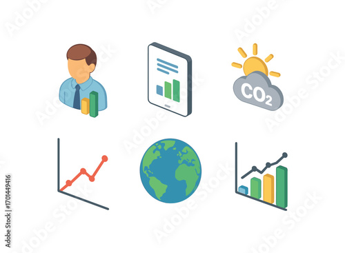 isometric icon items isolated on white background climate data analyst tablet sheet CO2 sun icon graph line earth symbol