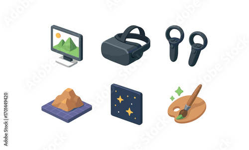 isometric icon items isolated on white background immersive 3D scene creator VR headset hand controllers terrain grid field paint glow