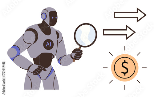 AI robot holding magnifying glass investigates financial trends, featuring arrows signifying progress and growth. Ideal for technology, innovation, finance, analytics, investment, strategy