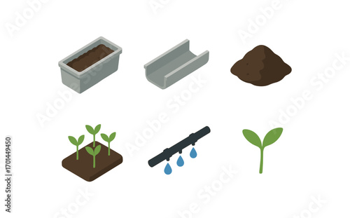 isometric icon items isolated on white background rainwater trough planter gutter tray soil fill young shoots drip line green sprout