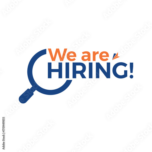 We are hiring Vector illustration, featuring a magnifying glass and bold text, perfect for job postings and recruitment campaigns