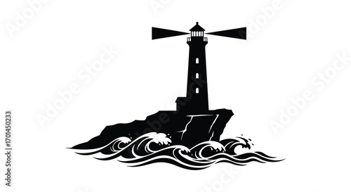 a lighthouse stands tall on rocky shore amidst crashing waves