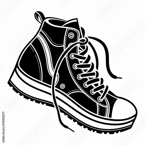 A high top canvas sneaker with laces and a thick platform sole is depicted in a bold black and white graphic illustration style isolated on a white background