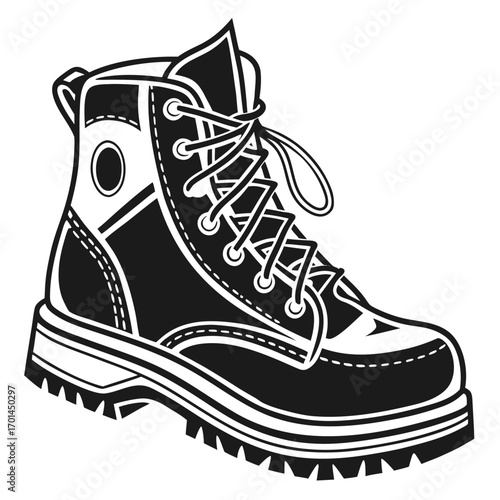 A black and white illustration of a rugged hiking boot with laces tied showcasing its sturdy construction and treaded sole perfect for outdoor adventures and exploration
