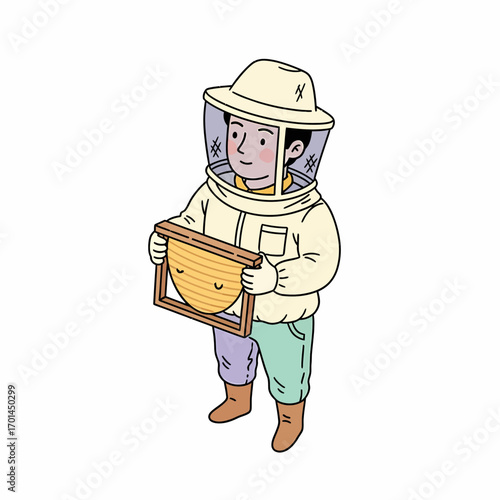 Cartoon character beekeeper in a protective suit holding a honeycomb frame from an apiary