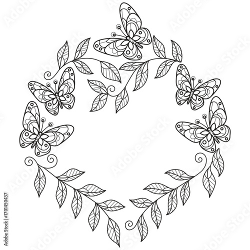 Butterfly and leaf heart frame hand drawn for adult coloring book