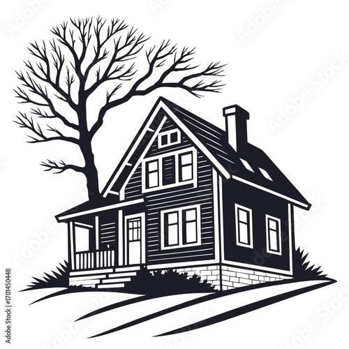 A stylized black and white illustration of a charming wooden house with a large bare tree and rolling hills evoking a sense of rustic simplicity and quiet solitude