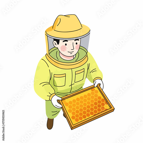 Beekeeper in a protective yellow suit holding a fresh honeycomb frame full of sweet honey