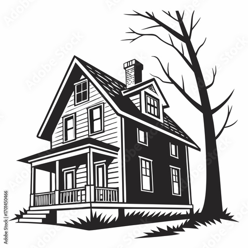 A classic two story wooden house with a prominent porch and chimney stands beside a bare branched tree against a white background in a striking black and white illustration