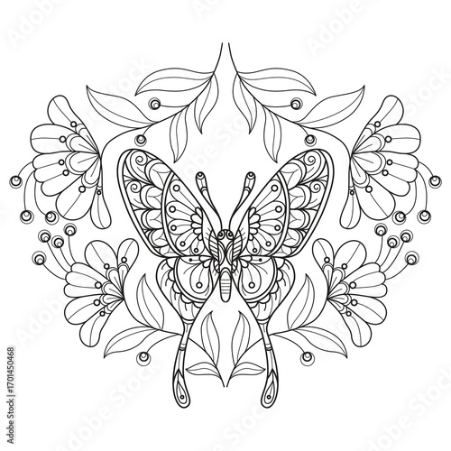 Big butterfly and flowers in the garden hand drawn for adult coloring book