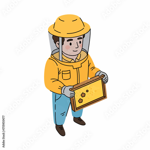 Beekeeper Caring for Bees and Honeycomb in Protective Suit and Hat Vector Illustration