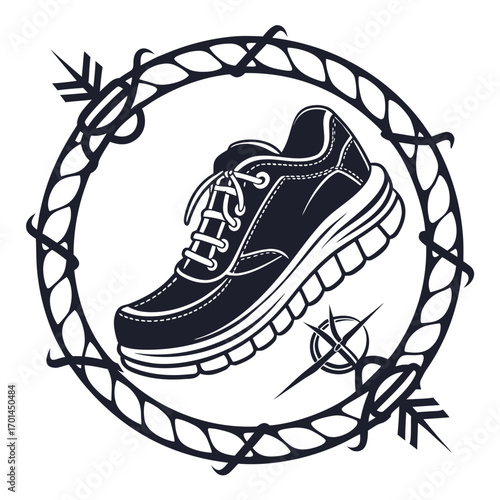 A dark silhouette of a running shoe is centrally positioned within a circular frame of intertwined rope and barbed wire accented by a compass rose and arrow motifs symbolizing adventure and journey