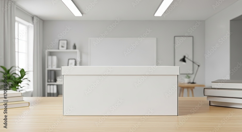 Fototapeta premium Modern Blank Storage Box Mockup on a Minimalist Desk in a Home Office Setting
