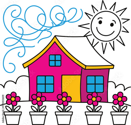 Whimsical pink house drawing for children with colorful elements