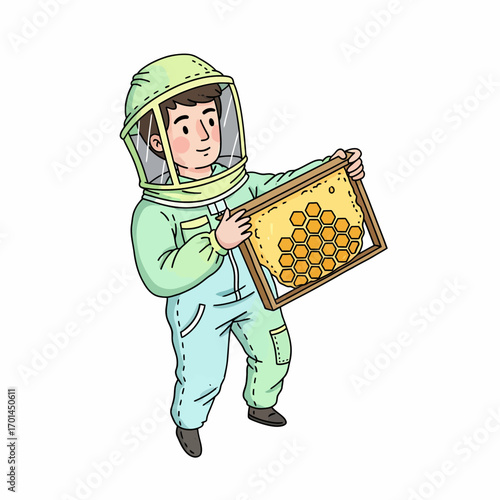 Young Enthusiast in Protective Gear Tends to a Golden Honeycomb Frame, Showcasing Beekeeping Activity and Natural Sweetness